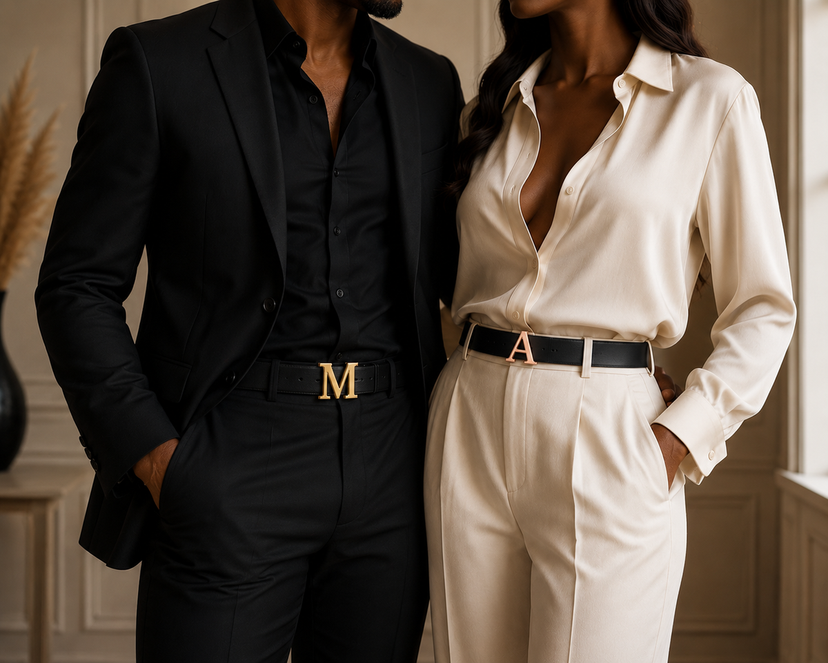 Ceintures personnalisées ALPHABET portées en couple avec initiales M et A