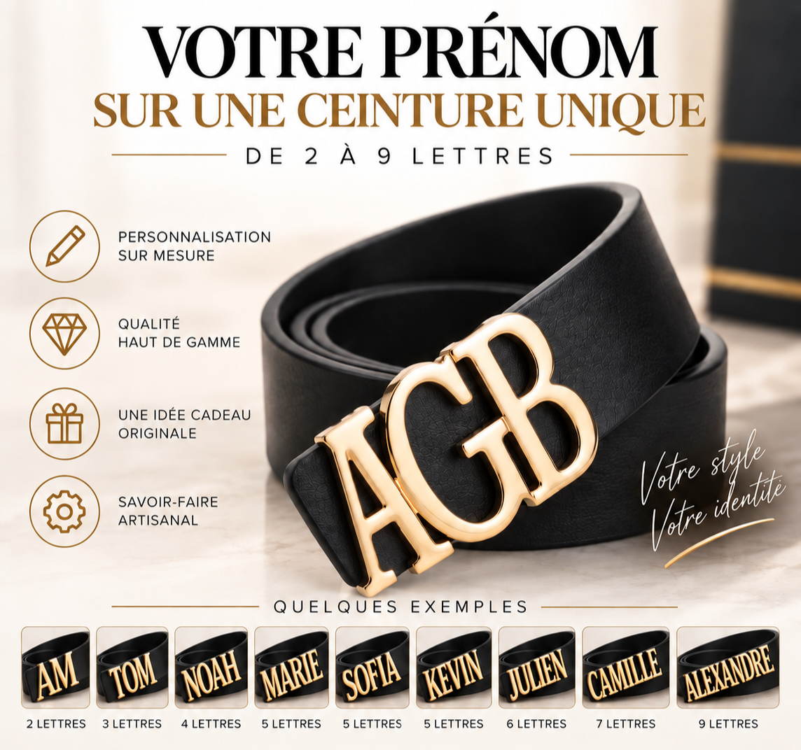 Ceinture IDENTITÉ NOIRE personnalisée avec les initiales AGB et boucle dorée EXPLICATIVE
