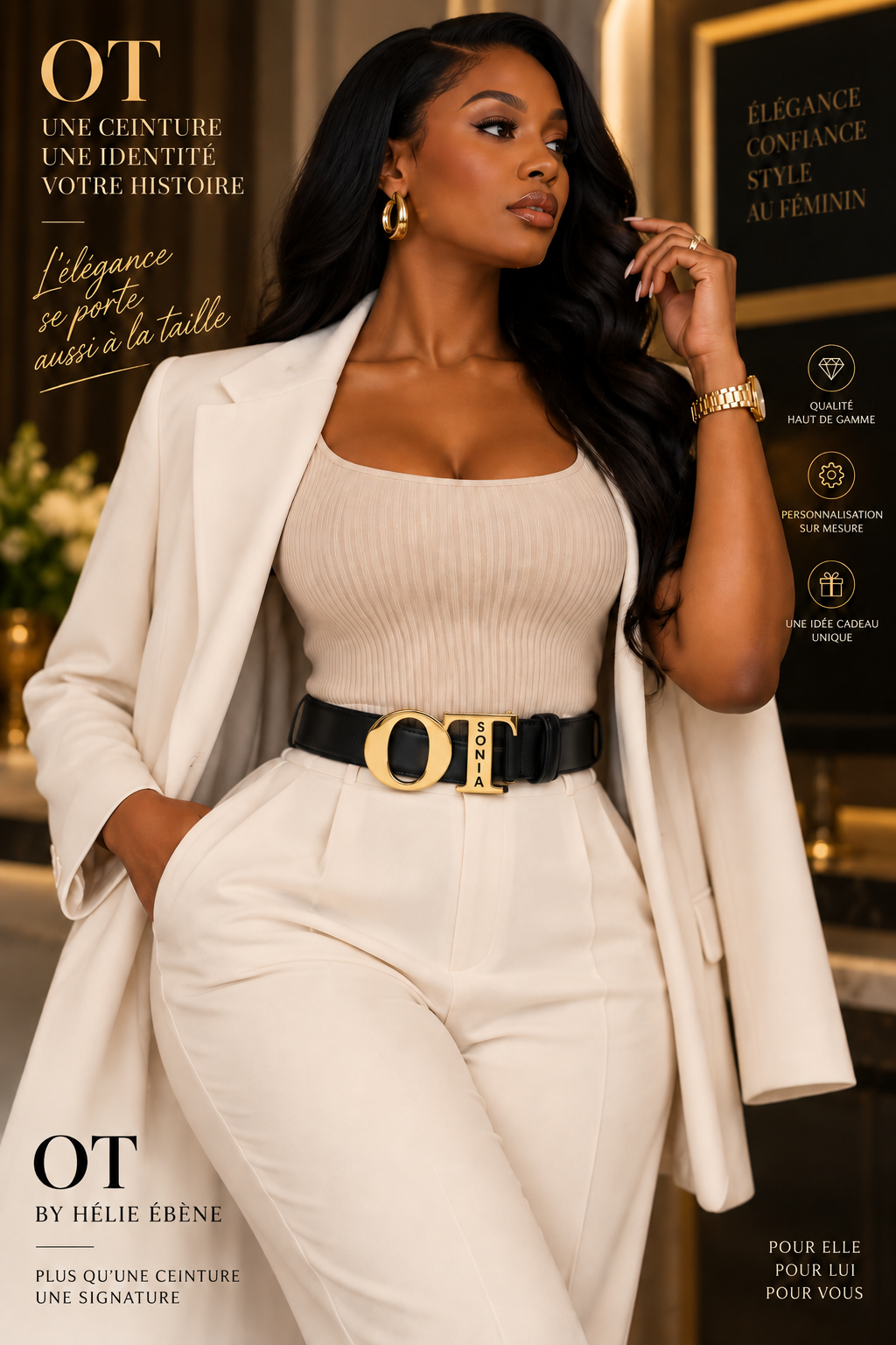 Ceinture AFFIRMATION OT personnalisée avec prénom et boucle dorée