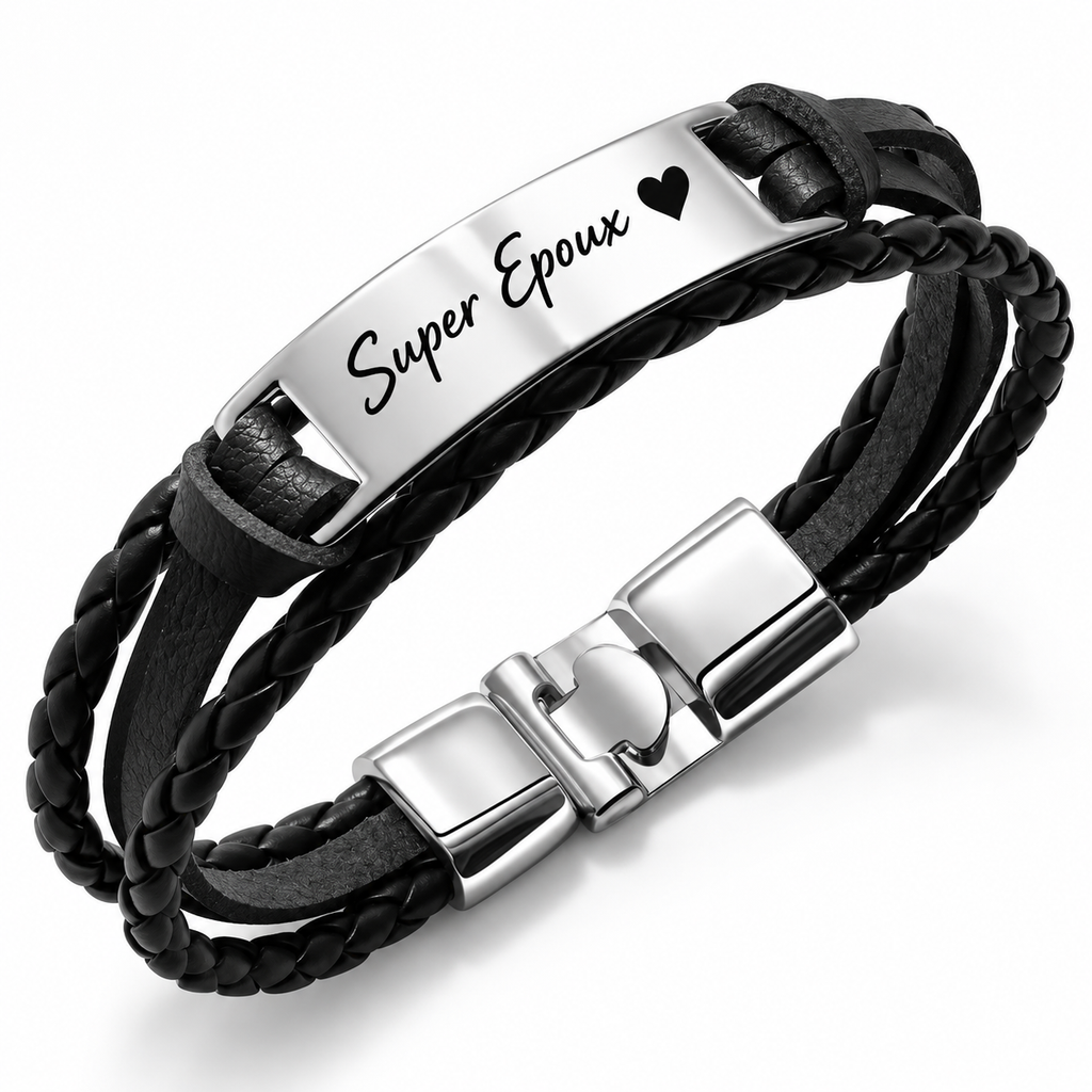 
Bracelet LIEN noir personnalisé avec message sur plaque argentée