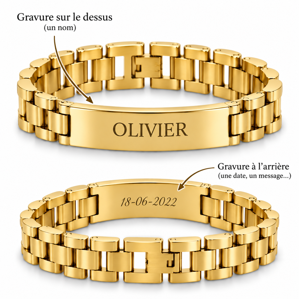 Bracelet CLASSIQUE doré personnalisé avec prénom Olivier et date gravée au dos