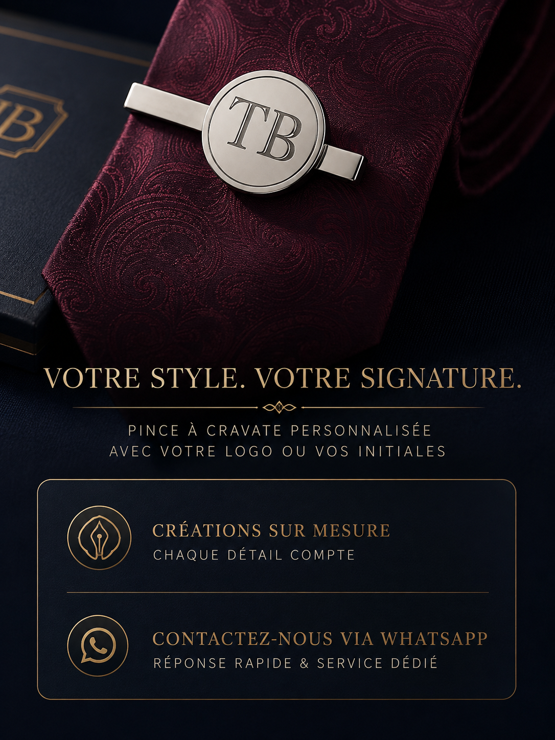 Pince à cravate SIGNATURE dorée personnalisée avec monogramme TB sur fond blanc fiche explicative