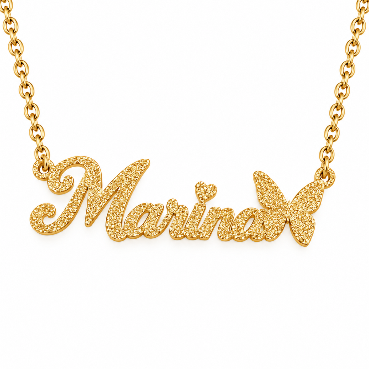 Collier prénom personnalisé fille avec cœur et papillon – SCINTILLANTE doré fond blanc