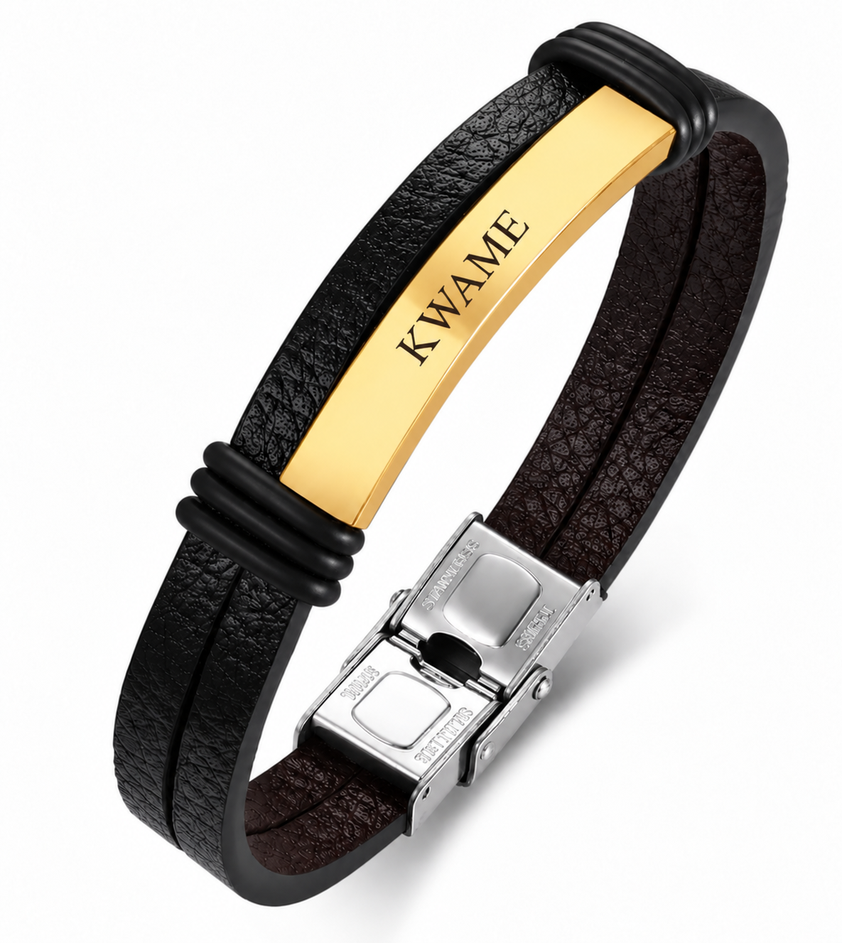 Bracelet ESSENTIEL en cuir noir personnalisé avec prénom et plaque dorée