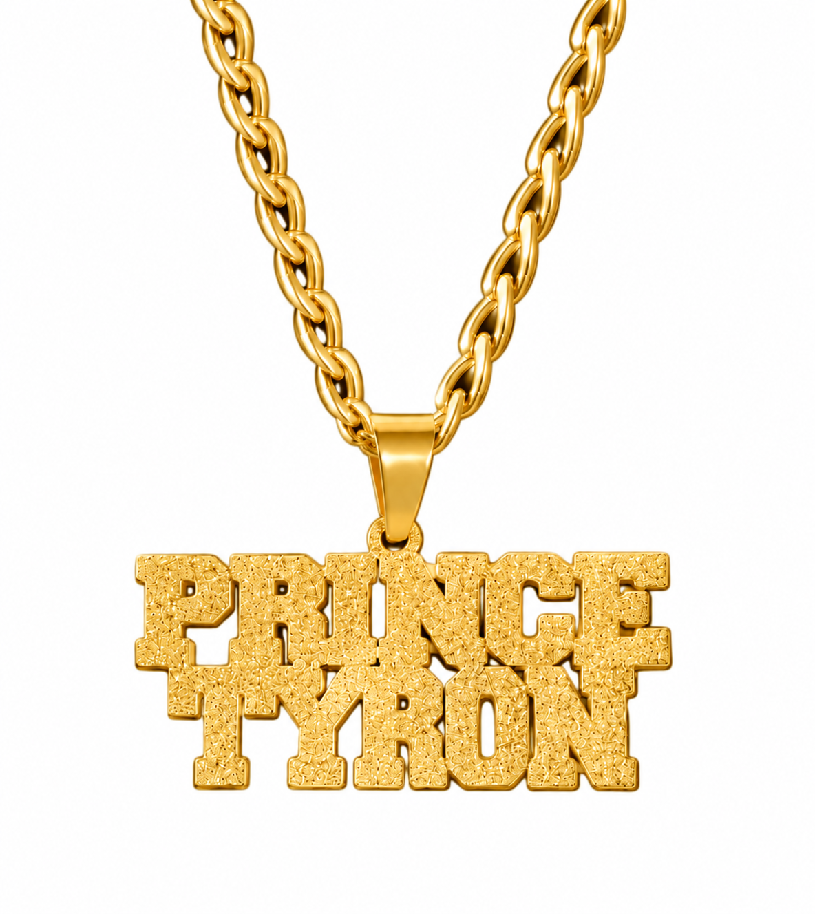  Collier ÉCLAT doré personnalisé avec le texte Prince Tyron et finition brillante texturée