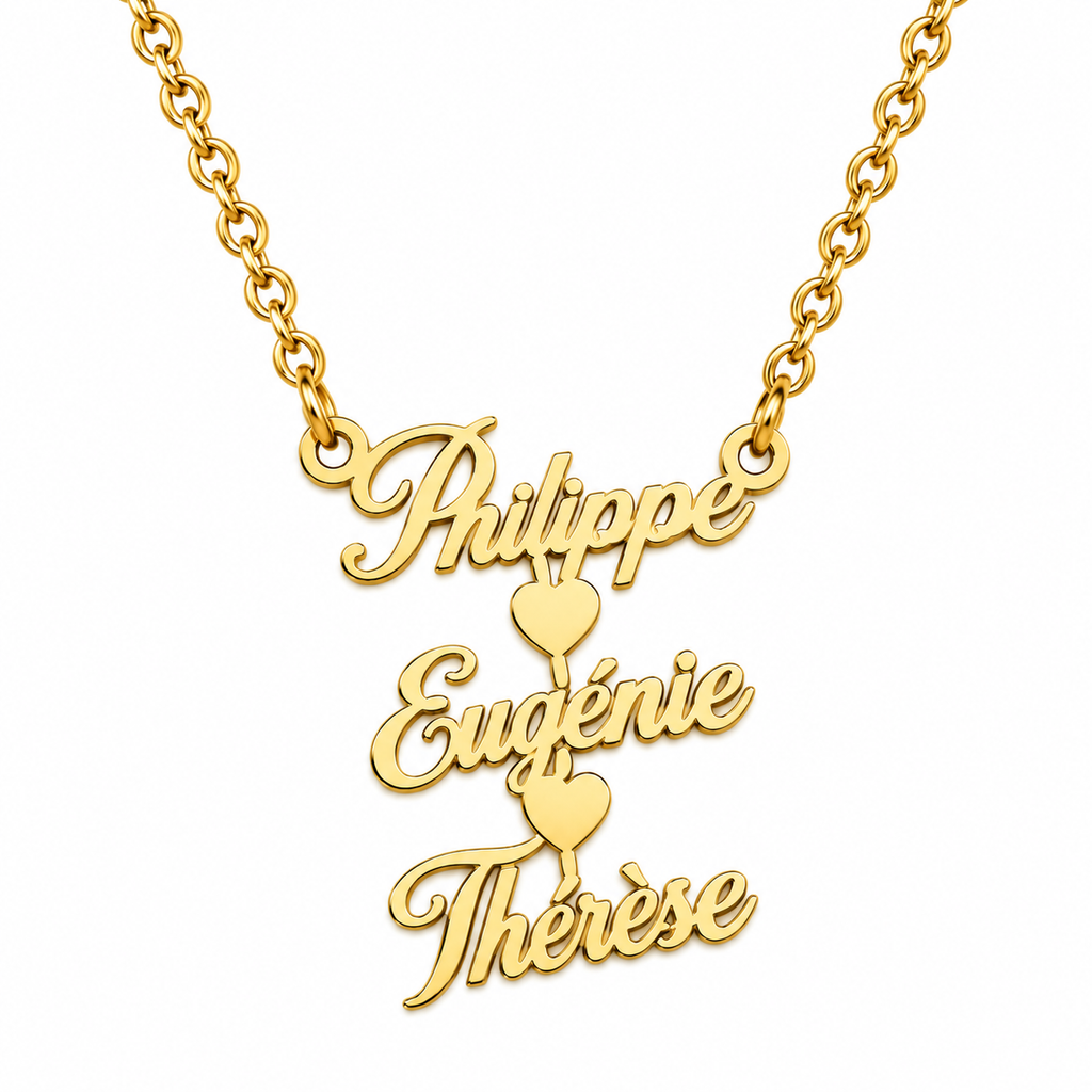 
Collier FRATRIE doré personnalisé avec trois prénoms Philippe Eugénie et Thérèse fond blanc
