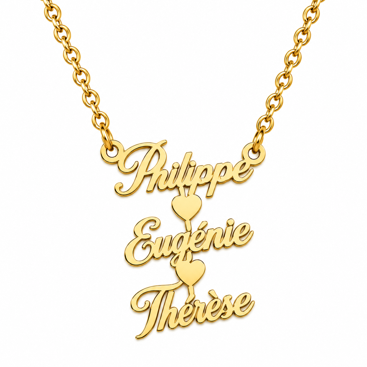 
Collier FRATRIE doré personnalisé avec trois prénoms Philippe Eugénie et Thérèse fond blanc
