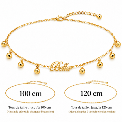 Chaîne de taille BOULE D’ÉNERGIE dorée personnalisée avec prénom Bella et petites boules doré