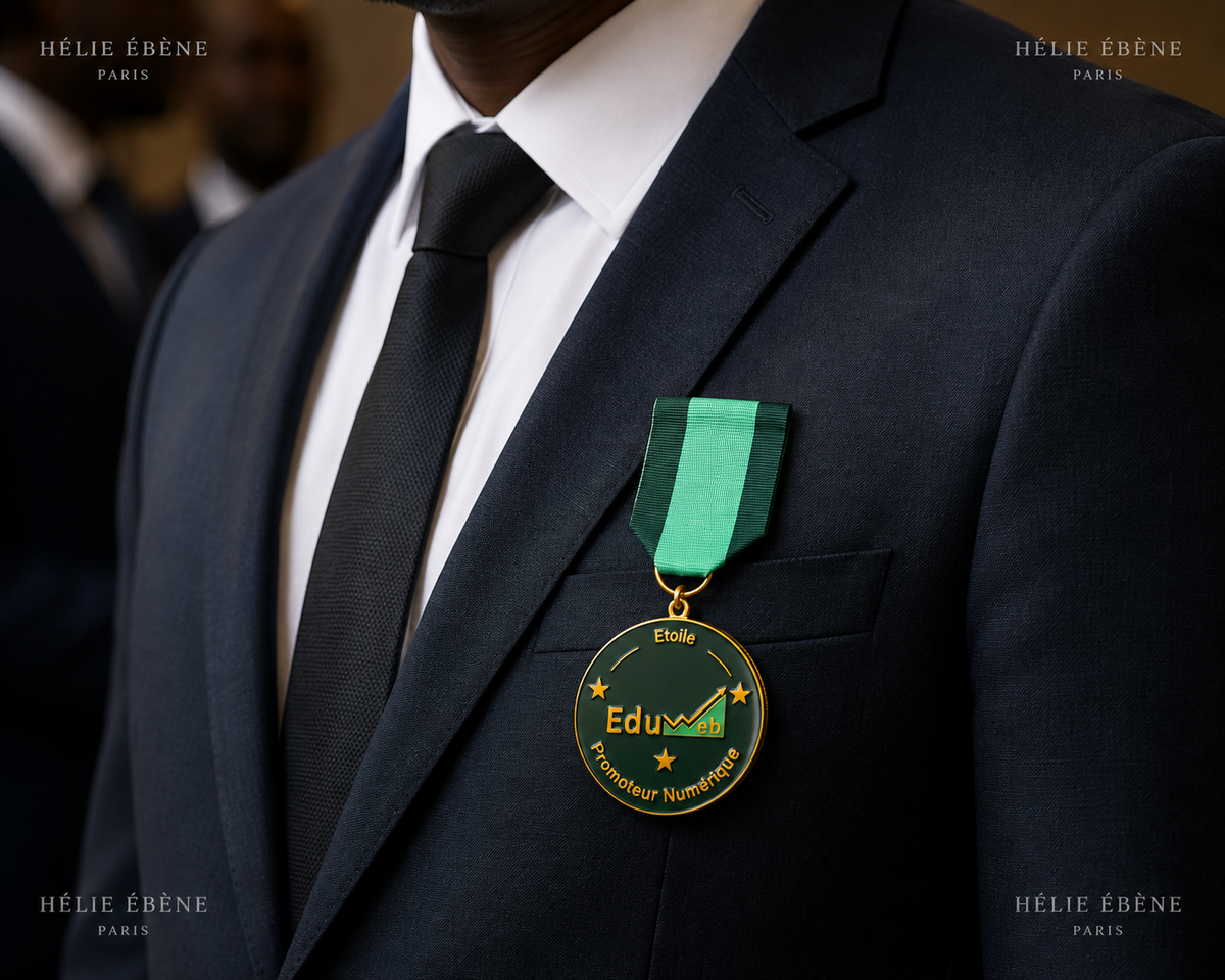 Médaille sur mesure personnalisée avec logo EduWeb et ruban vert portée sur un costume