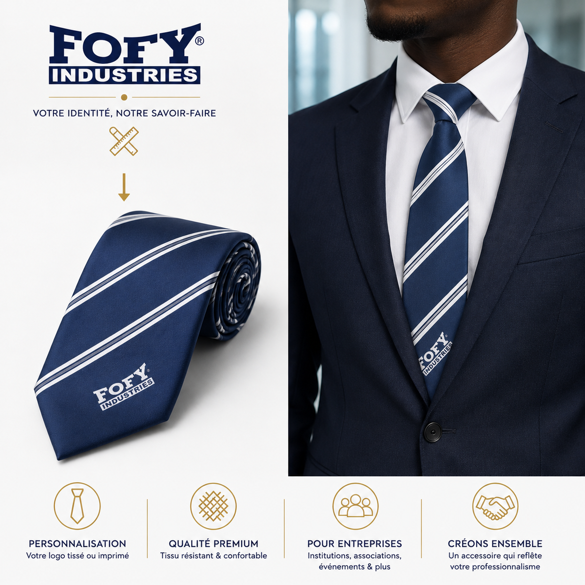 
Cravate bleu marine sur mesure avec logo FOFY Industries portée avec un costume