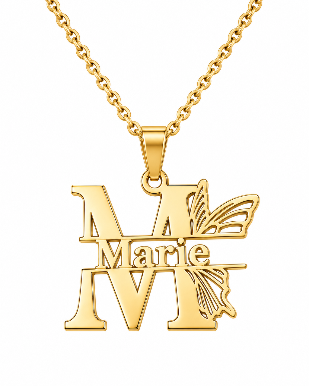 Collier ENVOL doré personnalisé avec grande initiale M prénom Marie et motif papillon FOND BLANC