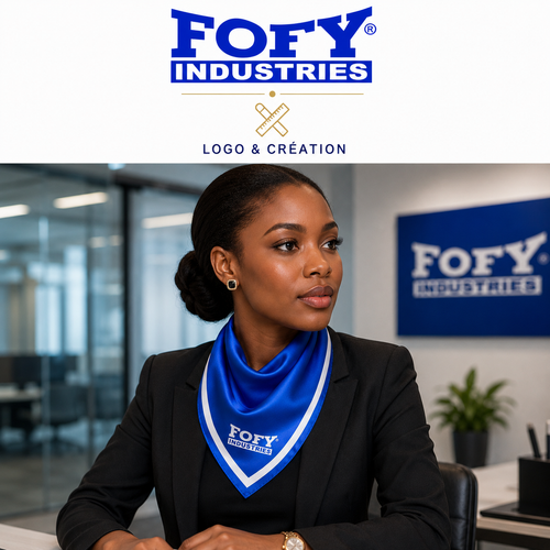 Carré de soie bleu personnalisé avec le logo FOFY Industries porté avec une tenue professionnelle