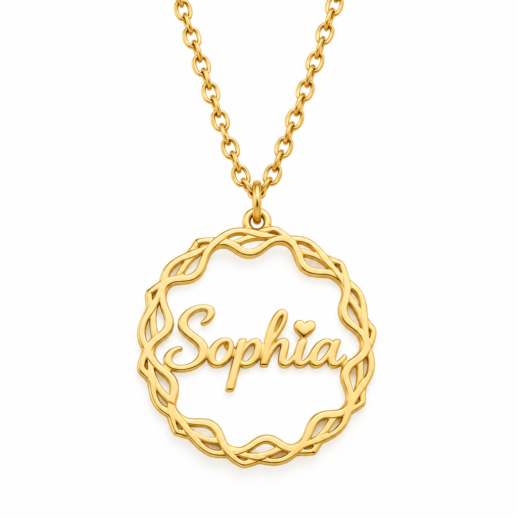 Collier prénom personnalisé enfant avec médaillon entrelacé de 2,5 cm
doré fond blanc sophia