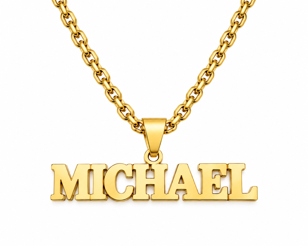 Collier prénom personnalisé garçon à grosses mailles – modèle BOLD FOND BLANC doré