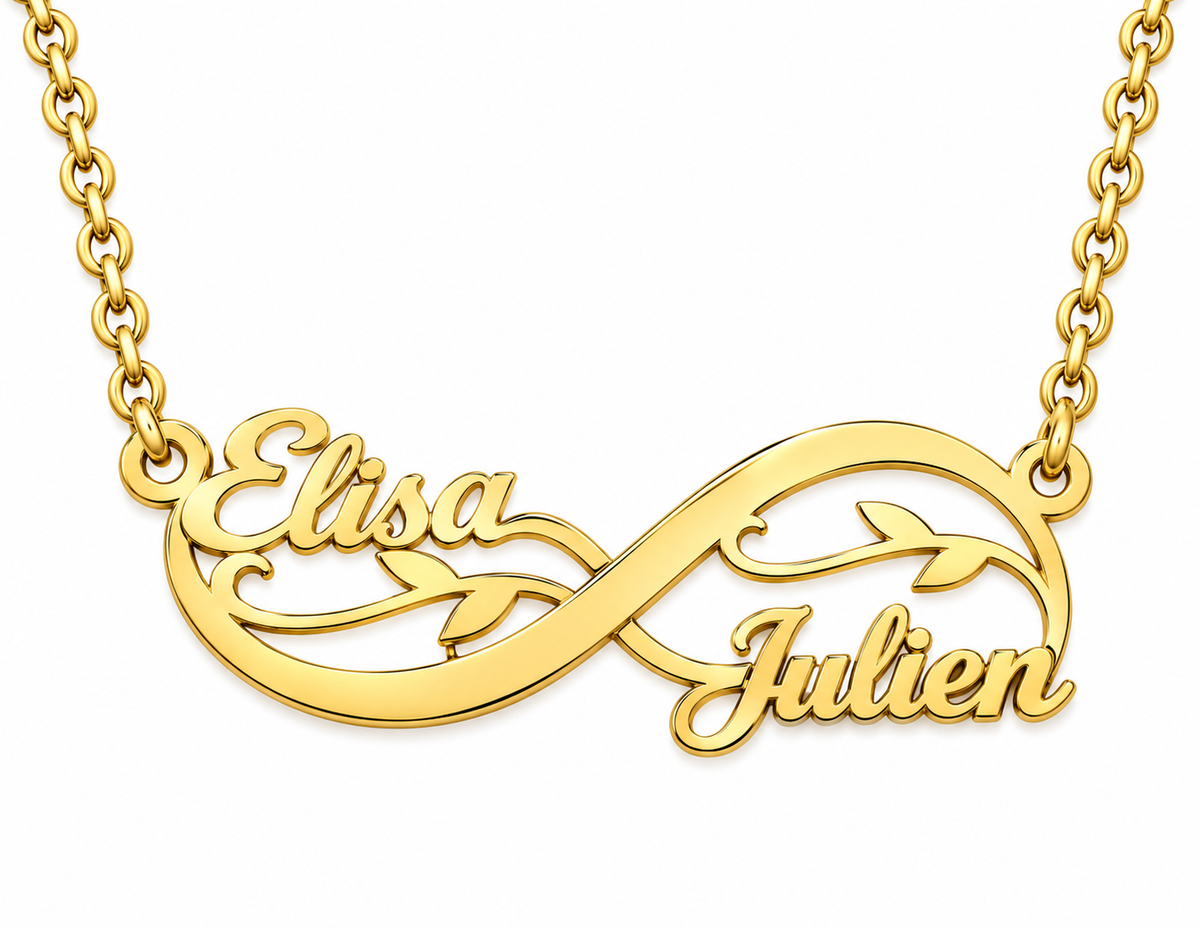 Collier infini fleuri doré personnalisé avec les prénoms Elisa et Julien fond blanc