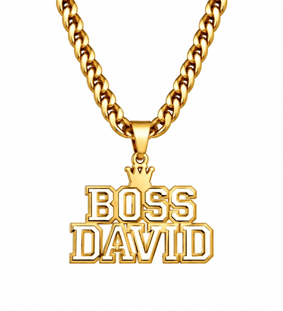 Collier DAVID doré personnalisé avec le texte Boss David et motif couronne fond blanc
