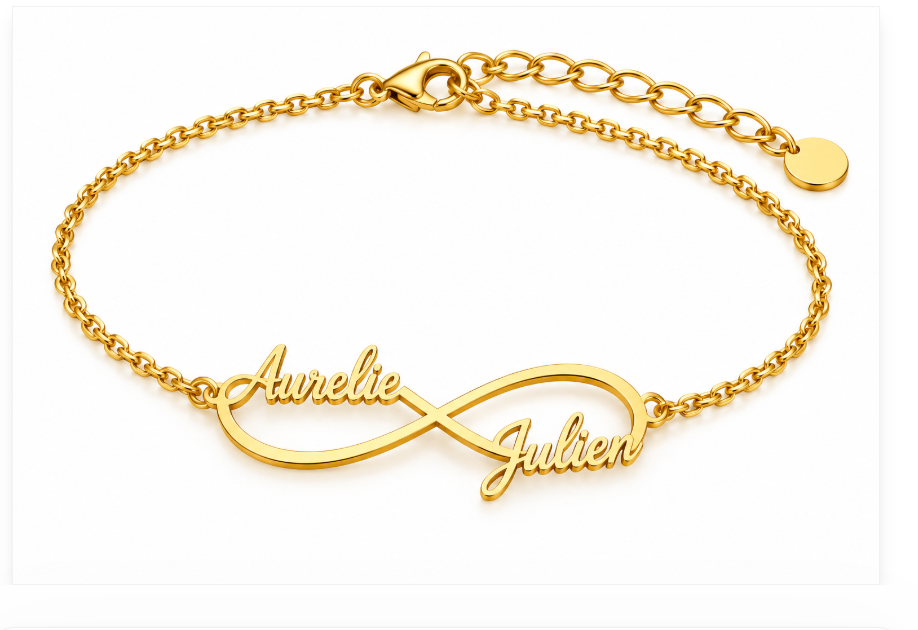 Chaîne de cheville INFINI dorée personnalisée avec prénoms Aurélie et Julien fond blanc