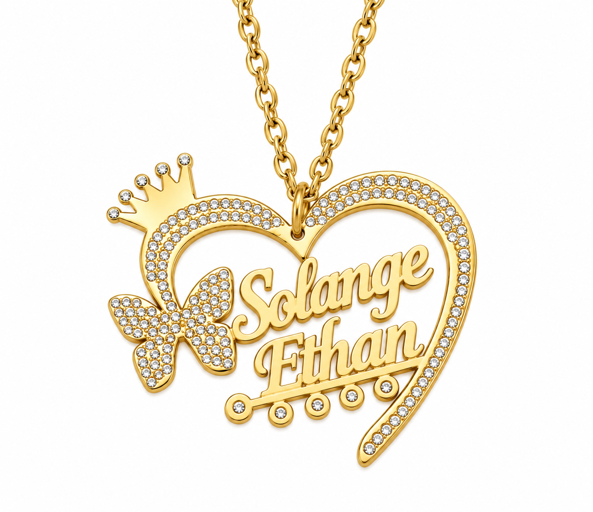 Collier cœur doré personnalisé avec deux prénoms Solange et Effan fond blanc