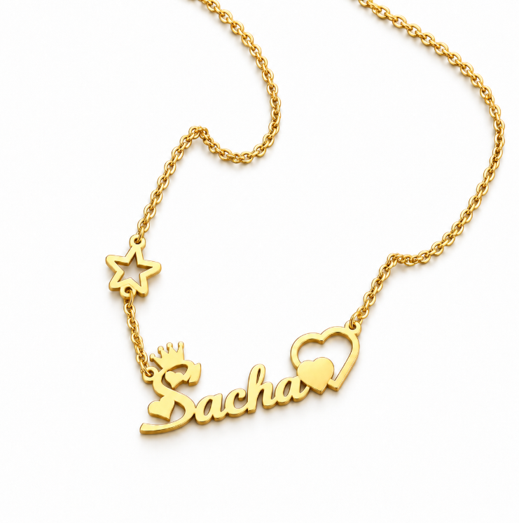 Collier prénom personnalisé fille avec couronne étoile et cœurs – PETITE REINE fond blanc doré