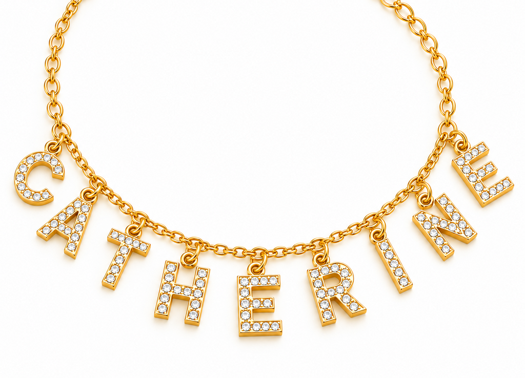 Chaîne de cheville LETTRES PRÉCIEUSES dorée personnalisée avec prénom Catherine et lettres ornées de pierres fond blanc