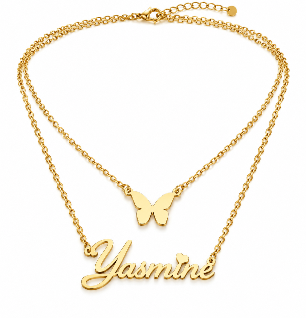 Collier double chaîne TENDRESSE doré personnalisé avec prénom Yasmine et papillon fond blanc