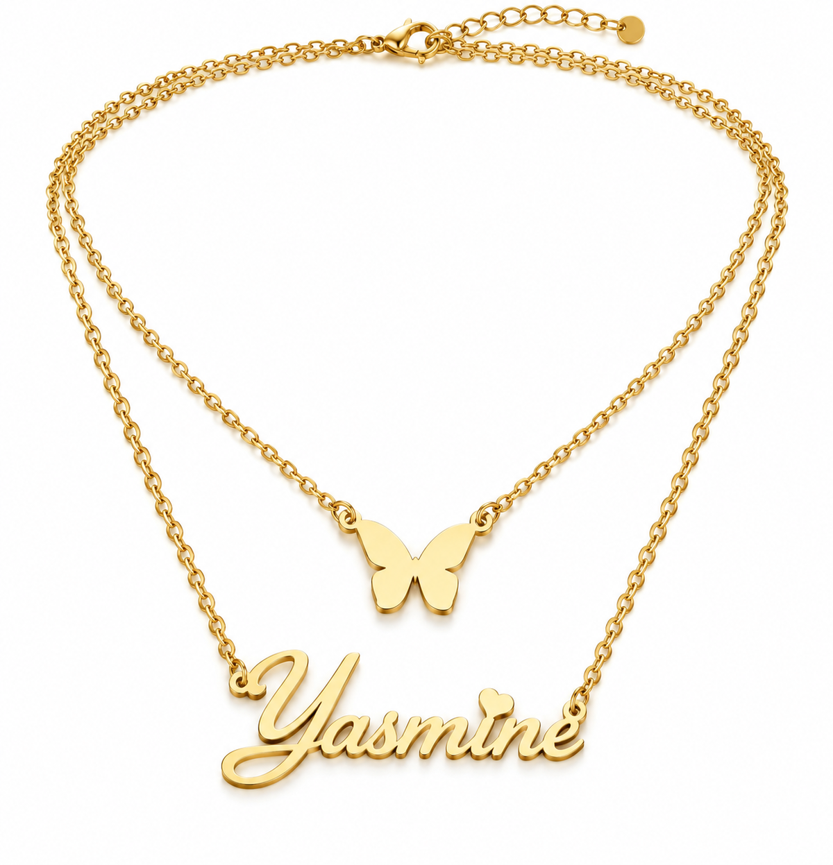 Collier double chaîne TENDRESSE doré personnalisé avec prénom Yasmine et papillon fond blanc