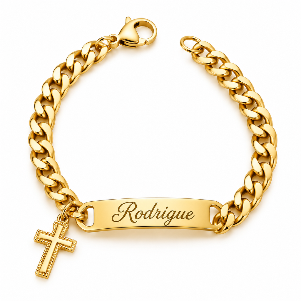 
Bracelet croix ALLIANCE doré personnalisé avec prénom sur plaque