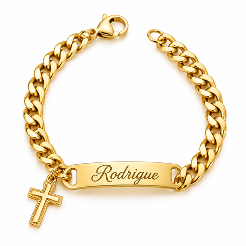 
Bracelet croix ALLIANCE doré personnalisé avec prénom sur plaque