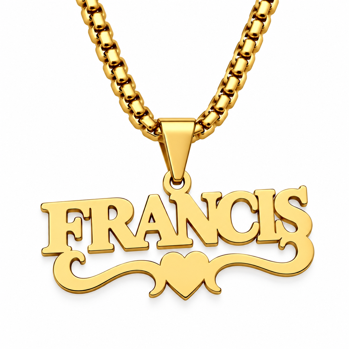 Collier CŒUR doré personnalisé avec le prénom Francis, motif cœur et arabesque fond blanc