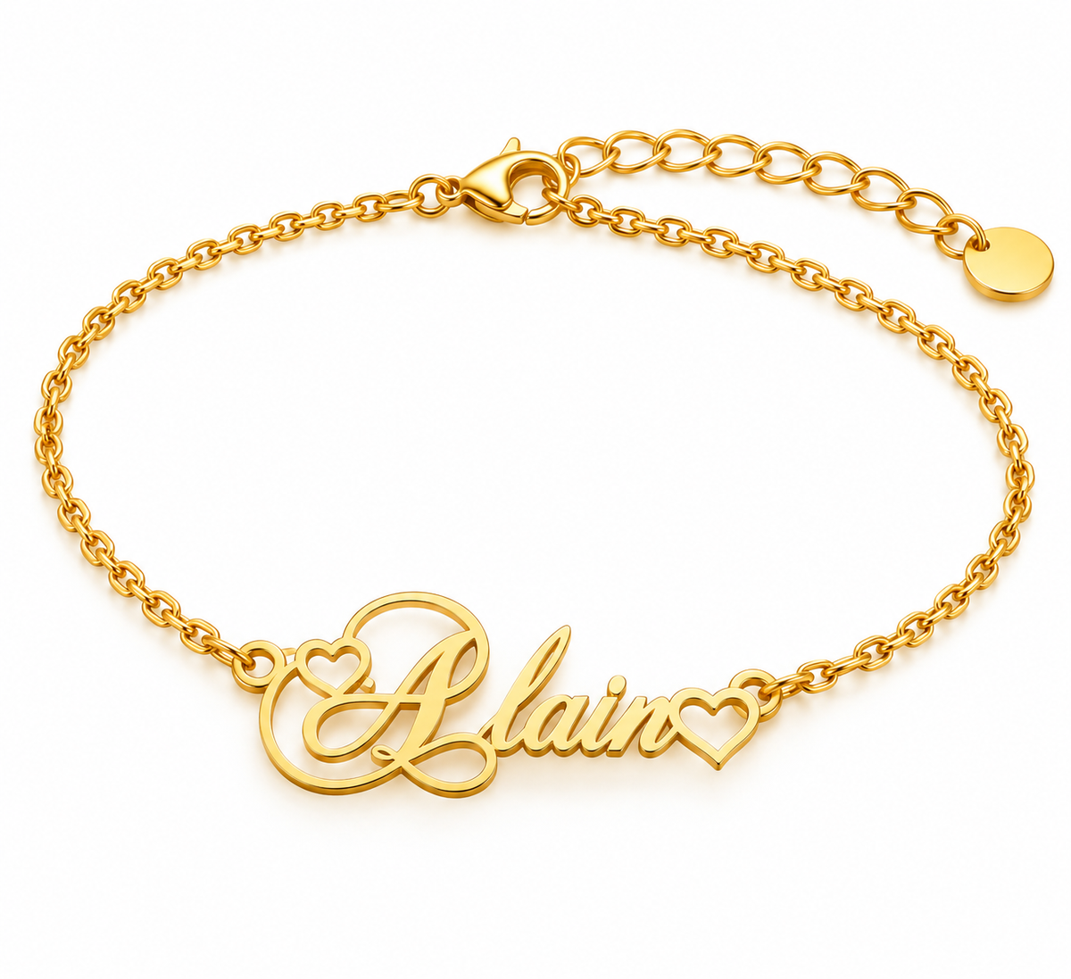 Chaîne de cheville MON AMOUR dorée personnalisée avec prénom Alain et petits cœurs FOND BLANC
