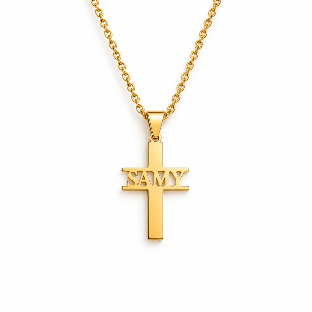 Collier croix avec prénom personnalisé enfant – modèle REPÈRE fond blanc doré