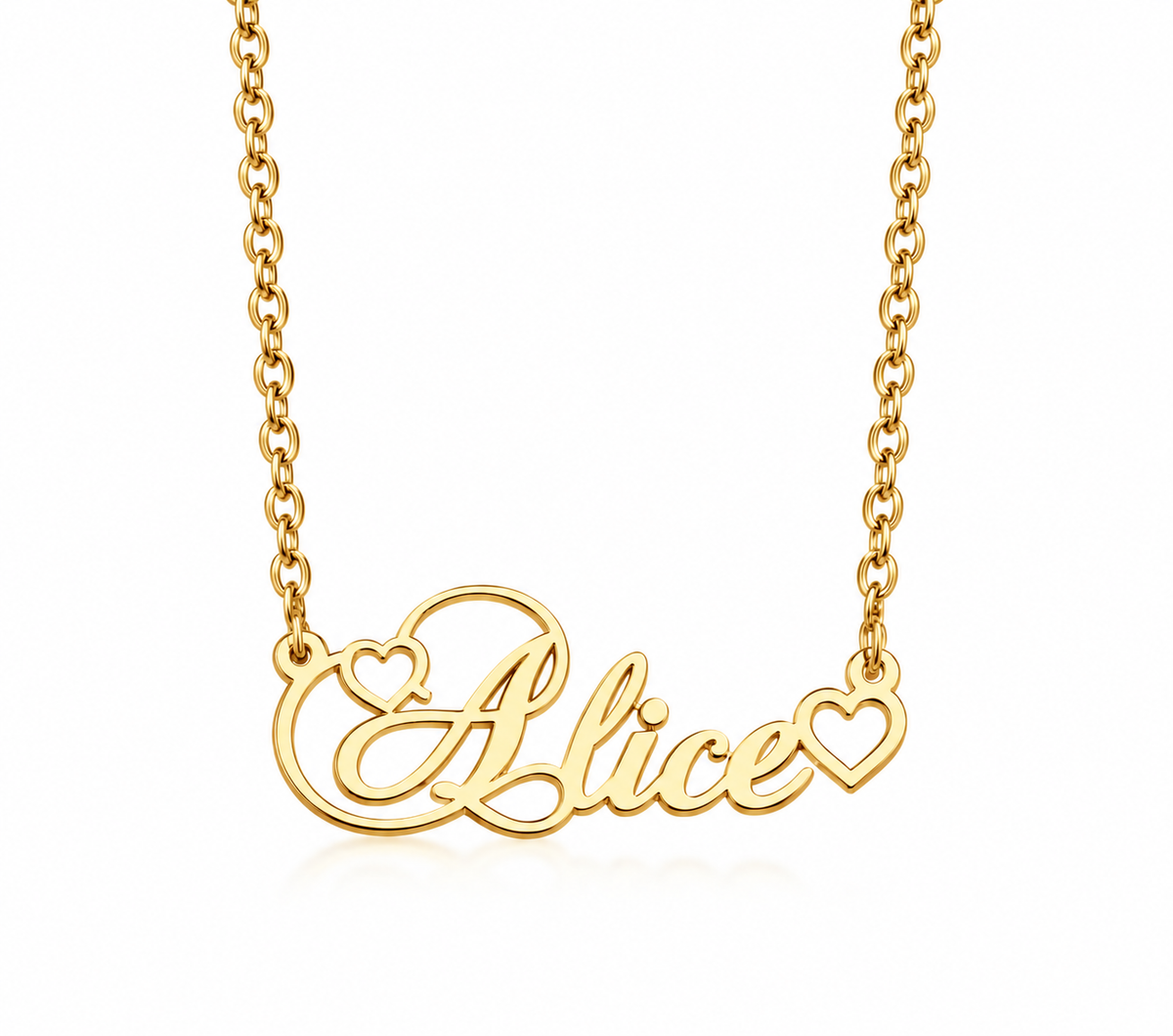 collier prénom personnalisé doré modèle ALICE avec petits cœurs