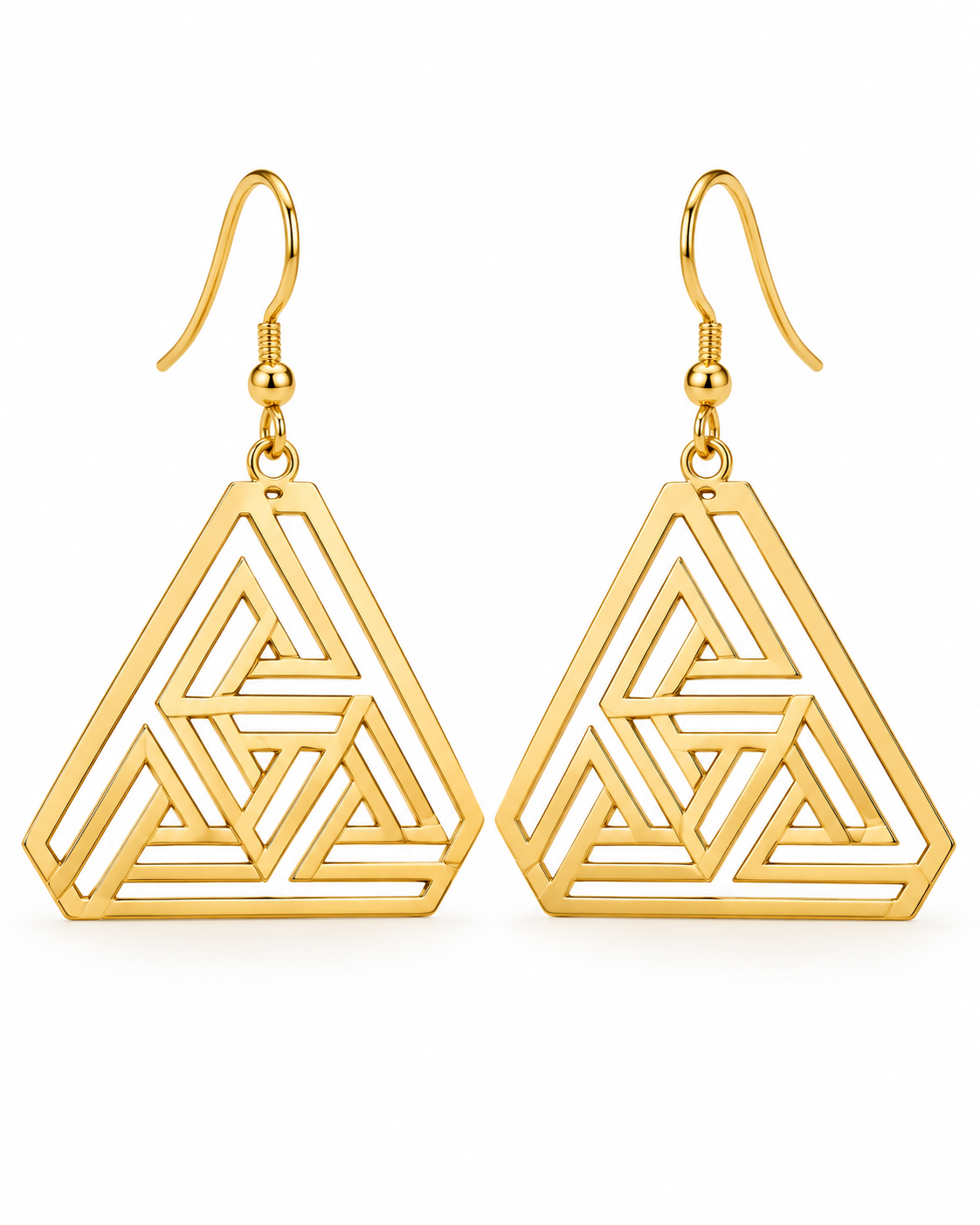 Boucles d’oreilles LABYRINTHE dorées géométriques grand format 10 cm fond blanc
