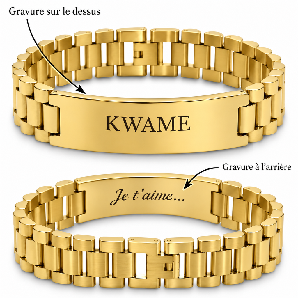 Bracelet MAJESTÉ doré grand modèle personnalisé avec gravure recto verso