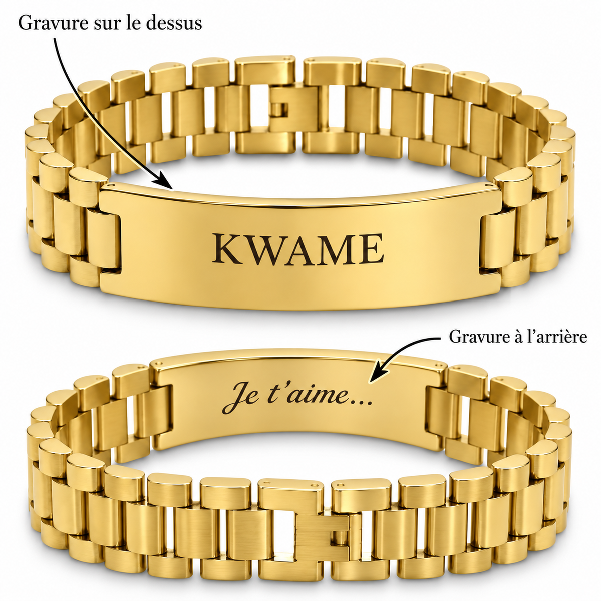 Bracelet MAJESTÉ doré grand modèle personnalisé avec gravure recto verso