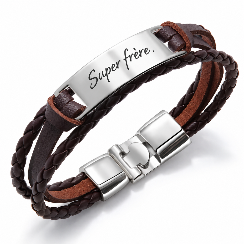 
Bracelet LIEN marron cognac personnalisé avec message sur plaque argentée