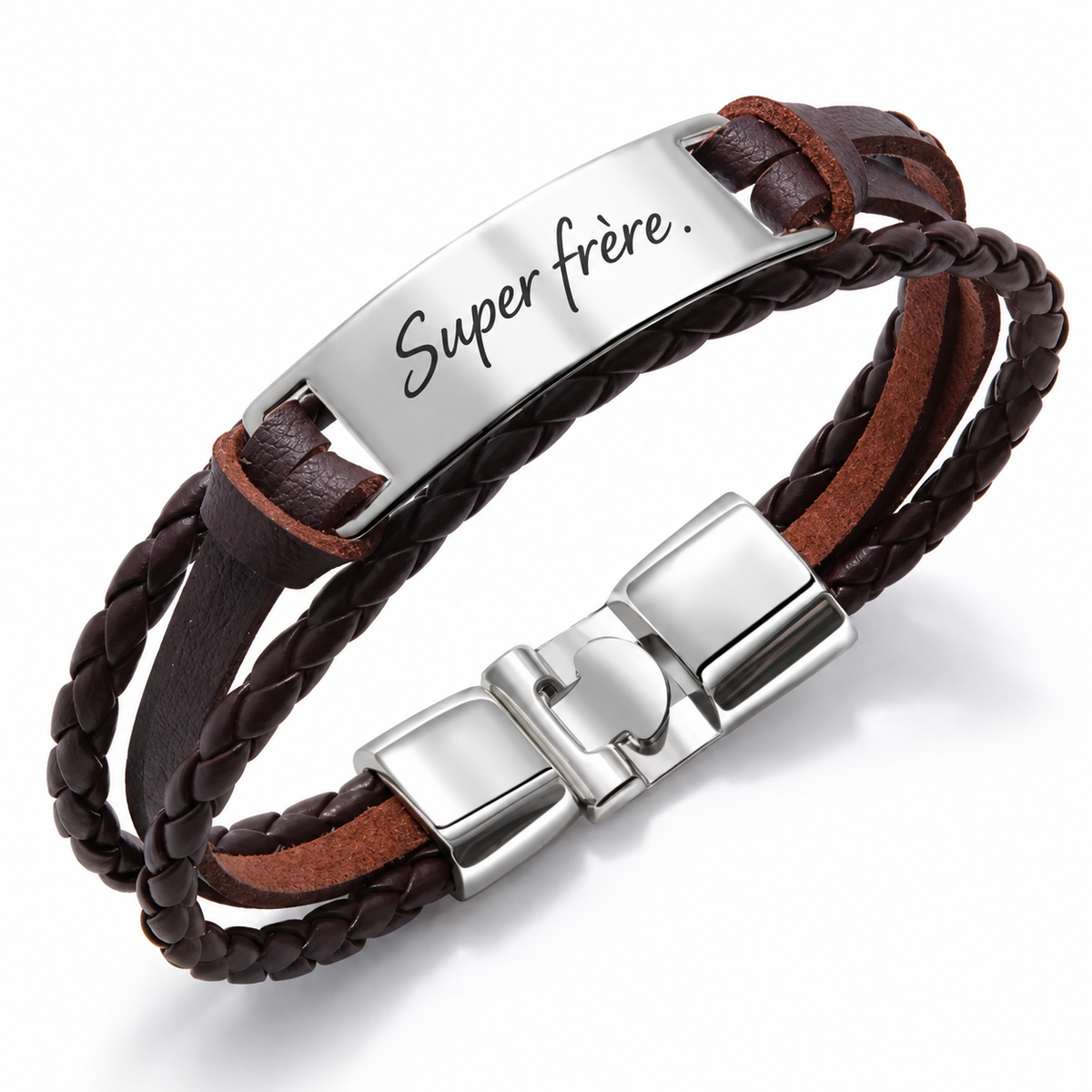 
Bracelet LIEN marron cognac personnalisé avec message sur plaque argentée