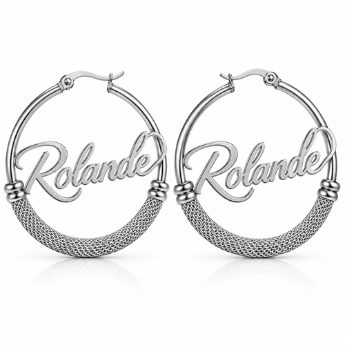 Boucles d’oreilles AUDACE argenté créoles personnalisées avec prénom Rolande fond blanc