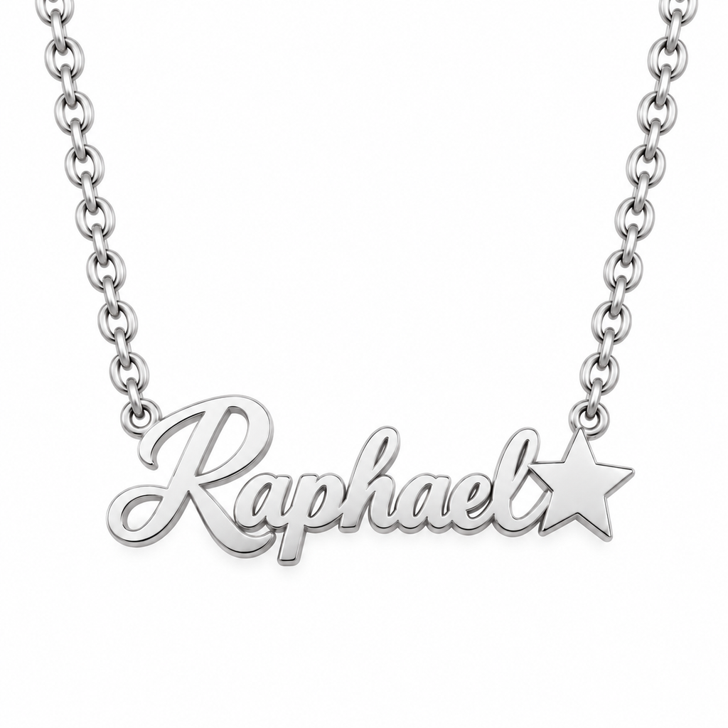 Collier prénom et étoile personnalisé enfant mixte argenté FOND blanc raphael