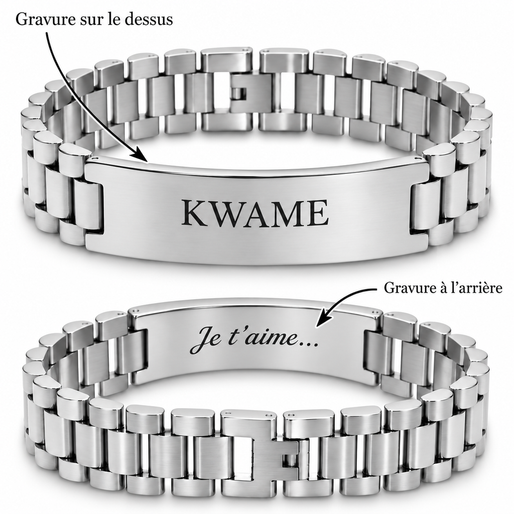 Bracelet MAJESTÉ argenté grand modèle personnalisé avec gravure recto verso