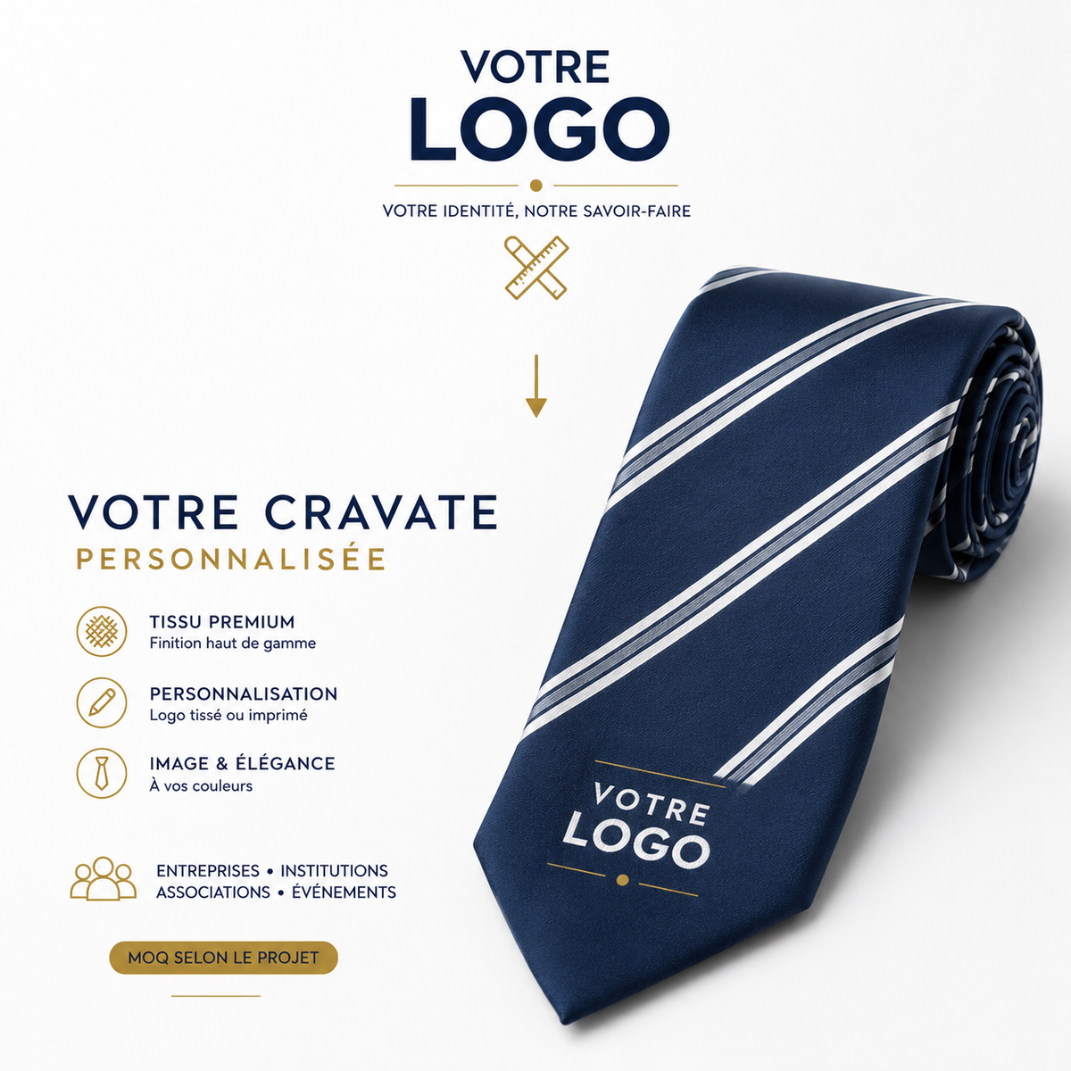 LOGO
Cravate bleu marine sur mesure avec logo FOFY Industries portée avec un costume
