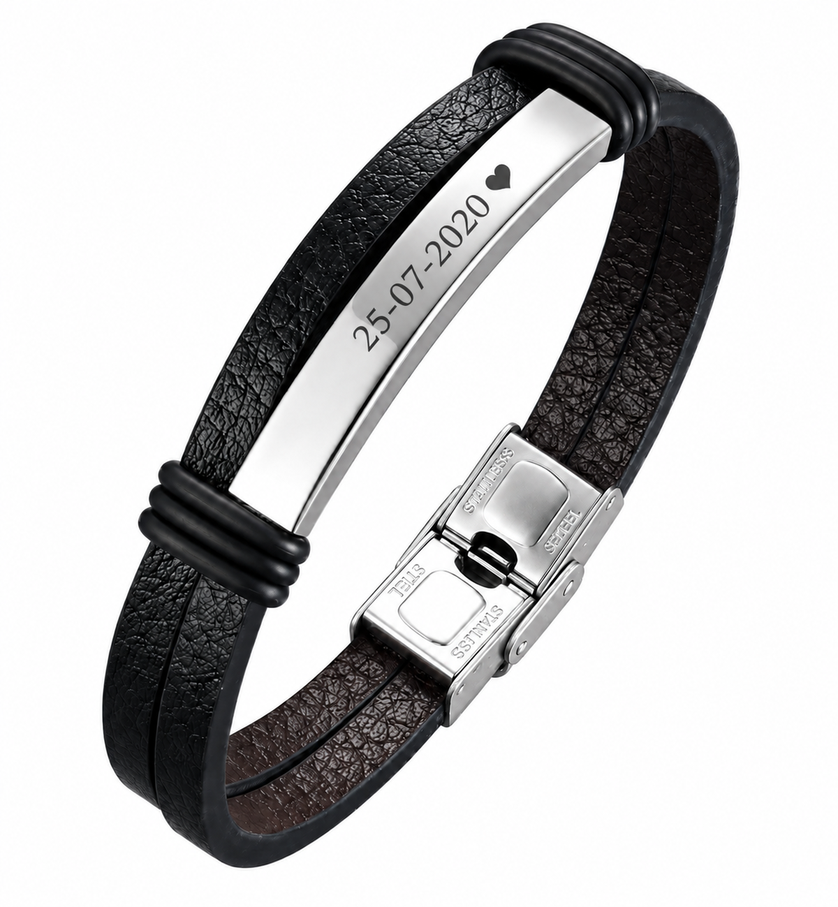 Bracelet ESSENTIEL en cuir noir personnalisé avec prénom et plaque argenté
