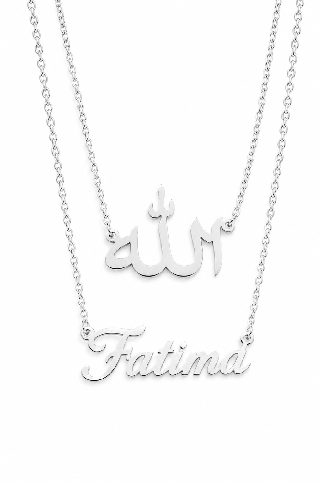 Collier SÉRÉNITÉ  avec inscription Allah et prénom Fatima personnalisé fond blanc argenté