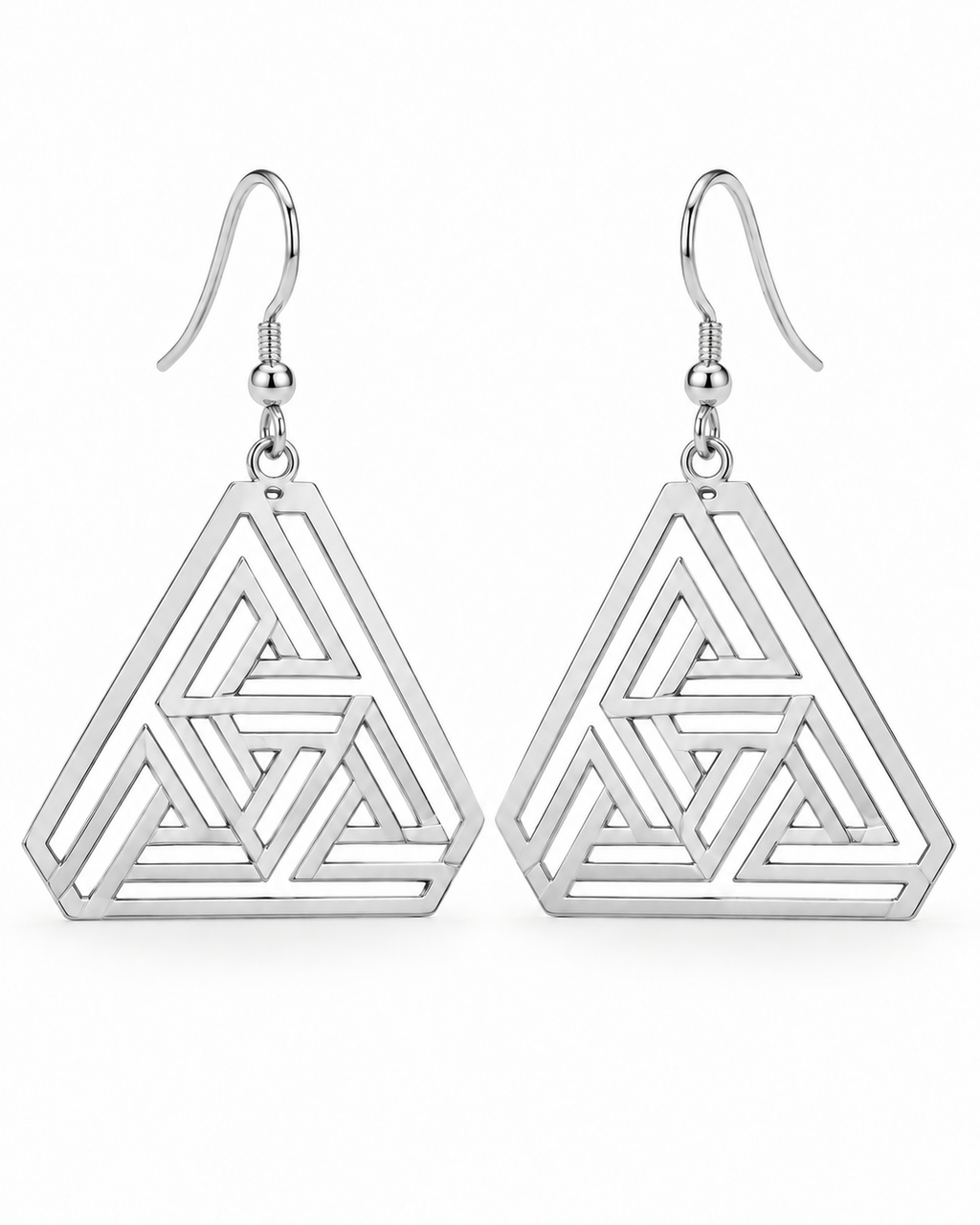 Boucles d’oreilles LABYRINTHE argenté géométriques grand format 10 cm fond blanc