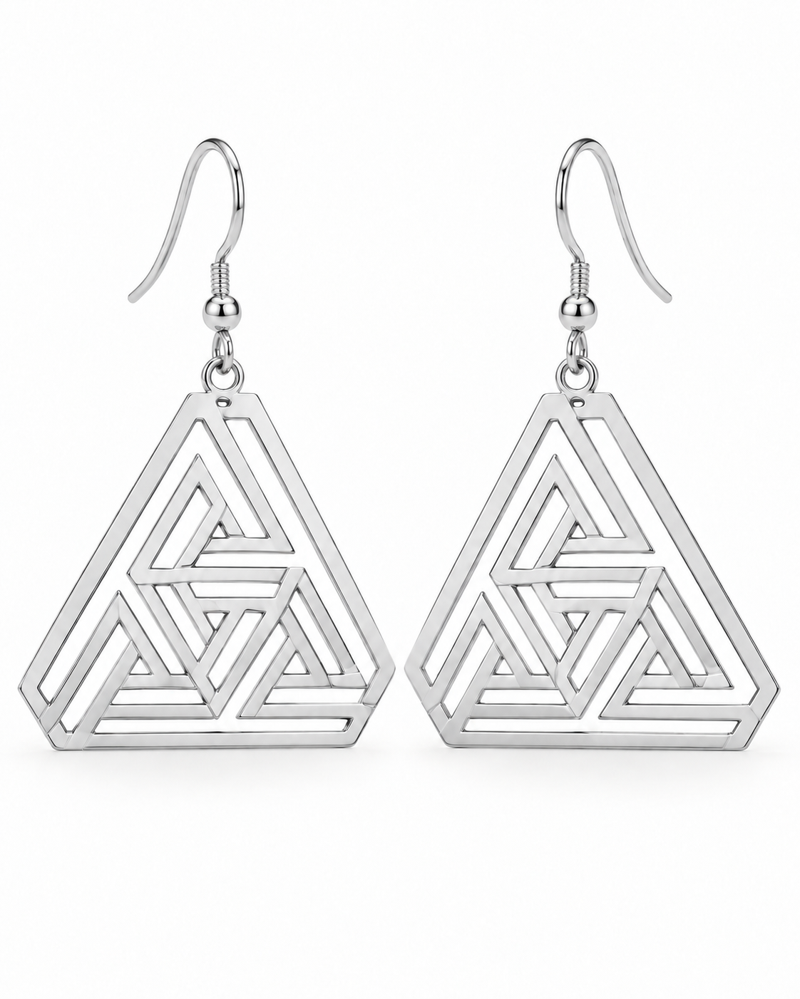 Boucles d’oreilles LABYRINTHE argenté géométriques grand format 10 cm fond blanc