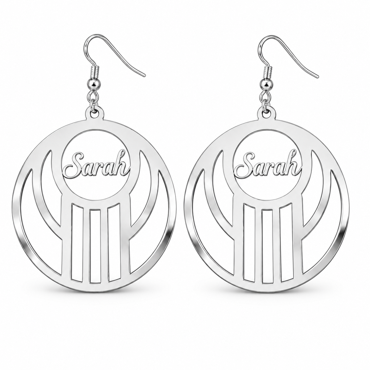 Boucles d’oreilles STRUCTURE argenté géométriques personnalisées avec prénom Sarah 8 cm argenté