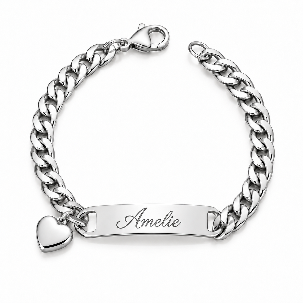 Bracelet CŒUR DE MAMAN argenté personnalisé avec prénom Amelie et pendentif cœur fond blanc