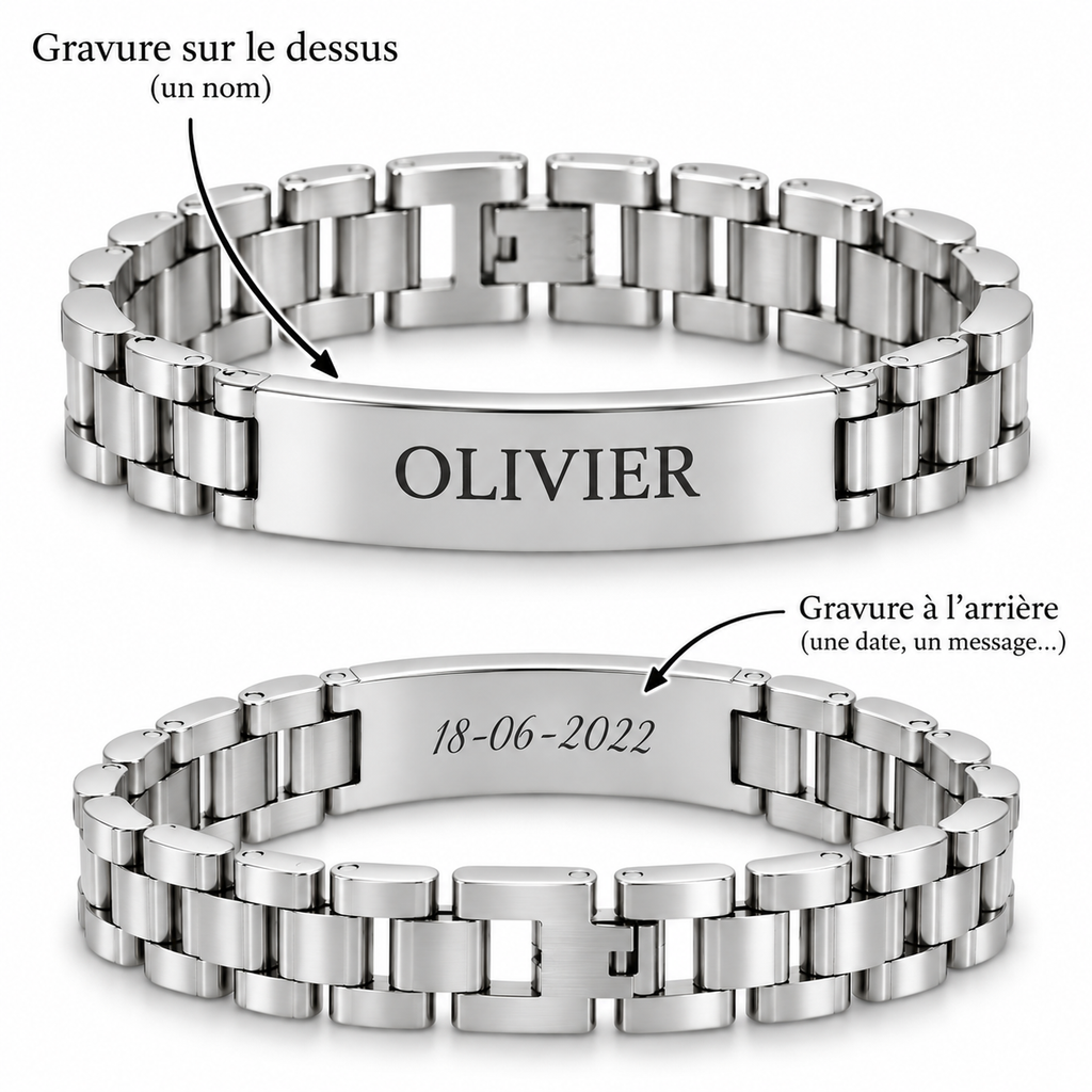 Bracelet CLASSIQUE argenté personnalisé avec prénom Olivier et date gravée au dos