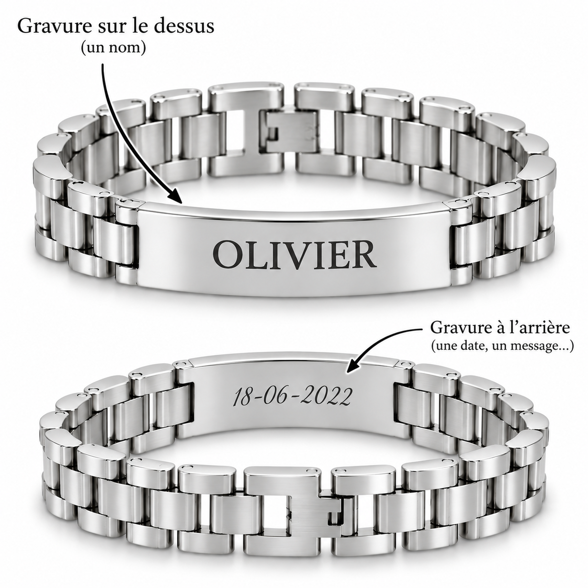 Bracelet CLASSIQUE argenté personnalisé avec prénom Olivier et date gravée au dos
