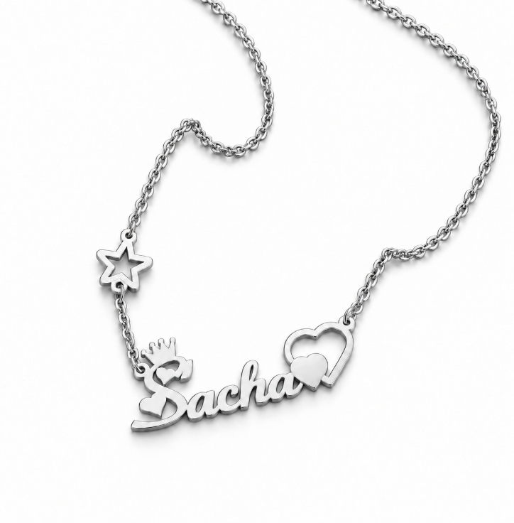 Collier prénom personnalisé fille avec couronne étoile et cœurs – PETITE REINE fond blanc argenté